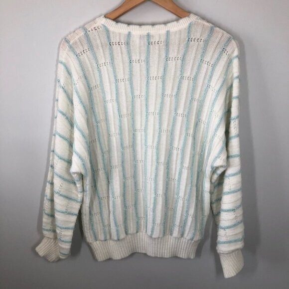 VINTAGE White Balloon Sleeve Knit Sweater with Metallic Blue Stripes - Picture 6 of 6